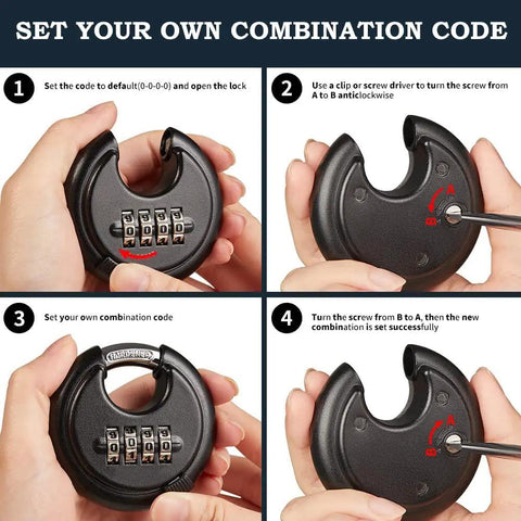 Steps to set combination on Discus 4 Digit Weatherproof Disc Padlock For Outdoor Storage Units Sheds Gates Garages And Fences Black