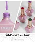 All In One Gel Nail Polish Kit With 68 Bright Colors And 4 Essential Gels Base Coat Builder Gel Top Coat Plus High Shine Finish 72 Pieces Of 12ml For All Seasons Home DIY Nail Salon with purple polish close-up and bottles
