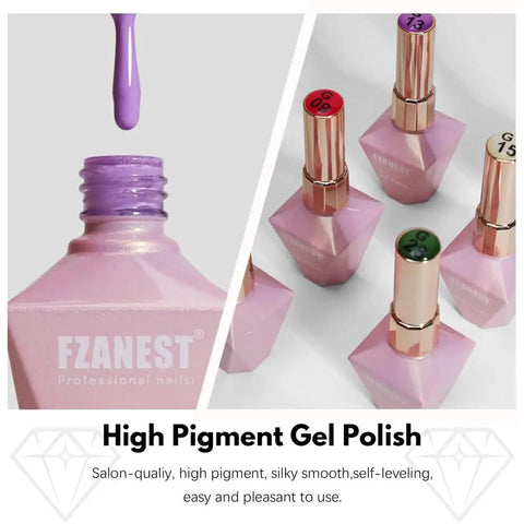 All In One Gel Nail Polish Kit With 68 Bright Colors And 4 Essential Gels Base Coat Builder Gel Top Coat Plus High Shine Finish 72 Pieces Of 12ml For All Seasons Home DIY Nail Salon with purple polish close-up and bottles