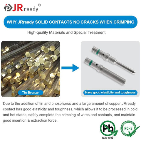 Deutsch DT Connector Pins And Sockets Kit showing solid tin bronze contacts and crimped pins with elasticity and toughness.