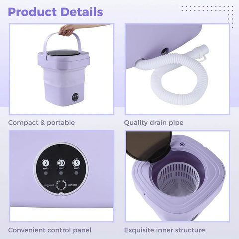 Compact Mini Washing Machine With 10 Point Five Liter Capacity And Foldable Travel Build featuring touch panel and drain pipe.