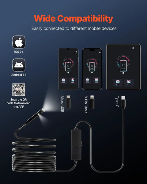 Dual Lens Endoscope Camera With Light For Android And iOS 1920P HD Borescope With 8 And 1 LED Lights 2x Zoom 16.4ft snake cable, app compatibility