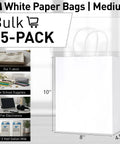 White Kraft Paper Gift Bags With Handles Pack Of 25 Medium 8 By 4.5 By 10 Inches Tough Durable Recyclable for Party Favors