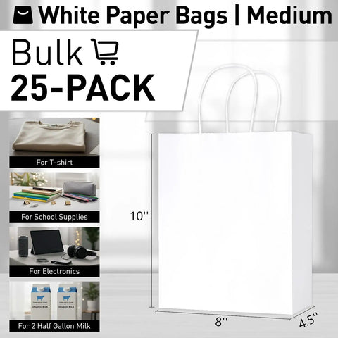 White Kraft Paper Gift Bags With Handles Pack Of 25 Medium 8 By 4.5 By 10 Inches Tough Durable Recyclable for Party Favors