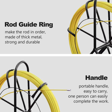 Fiberglass Fish Tape Wire Cable Puller Rod Duct Rodder 6mm 328ft with metal guide ring and handle for electrical use
