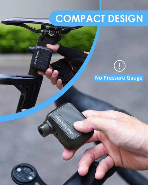 Person holding a Pocket Sized Electric Bike Pump With 100 PSI, Ultra Portable Road Bike Tire Inflator, Compact, No Pressure Gauge, Fits in hand.