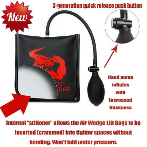 Black Beefy Heavy Duty Three Piece Air Wedge Bag Pump Kit with hand pump, used for lifting and aligning surfaces.