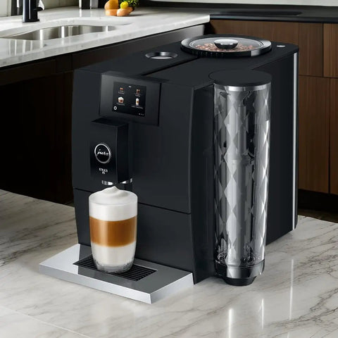 Straight Fire Automatic Espresso Coffee Maker Bundle With A Clean Matte Black Frame, featuring JAVA one-touch cappuccino.