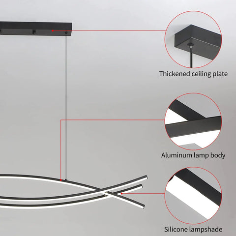 Lit Linear LED Pendant Light With Dimmable Stepless Control showing aluminum body, silicone lampshade and ceiling plate detail