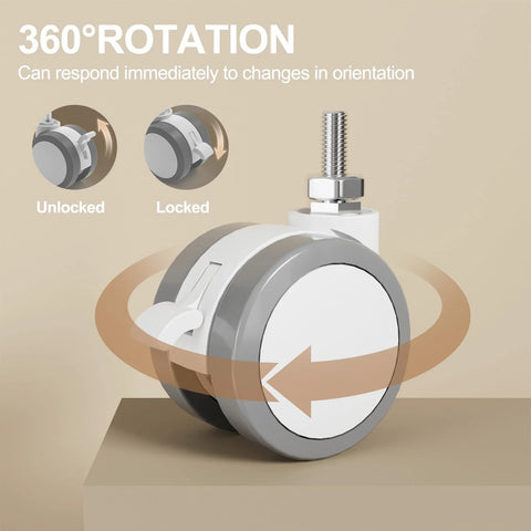 Lockable Stem Caster Wheels Set Of 4, 2.5 Inch White Swivel Casters With M8 Metric Threads, 360-degree rotation