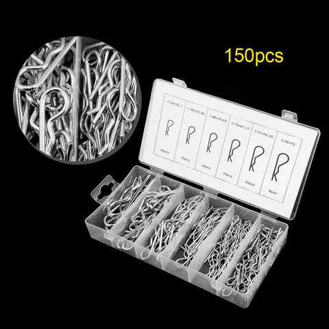 Six Size Cotter Pin Assortment Kit 150 Pcs R Clip Set with labeled case and different pin sizes visible
