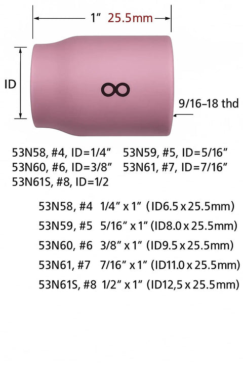 Ceramic TIG Nozzle Cup 53N61S For Welding Torch Half Inch 8 Gauge WP Series compatible with 9, 18, 25, 26