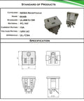 Heavy Duty NEMA 5-15R Wall Outlet Featuring Quick Snap In Panel Mount For Easy Swap Home Projects Robust 15 Amp 125 Volt Grey 3 Prong Grounded Electrical Receptacle Unit dimensions and schematics.