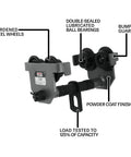 Diagram of One Ton Manual Trolley With Built In Bumper Guards For Safer Lifts showcasing steel wheels, bearings, and powder coat finish.