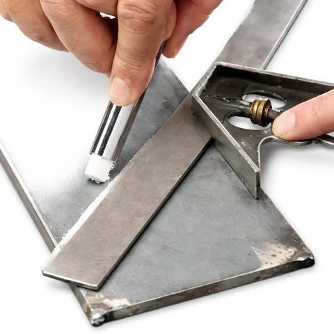 Person using Welding Soapstone Refills 36 Pack For Metal Marking, Five Inches By One Half By Three Sixteenths Stones on metal surface