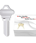 Premium Copper Blank Key Set Of 50 Uncut Keys For Home And Pro Use, SC1 uncut key next to packaging with quality text