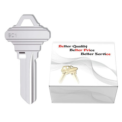 Premium Copper Blank Key Set Of 50 Uncut Keys For Home And Pro Use, SC1 uncut key next to packaging with quality text