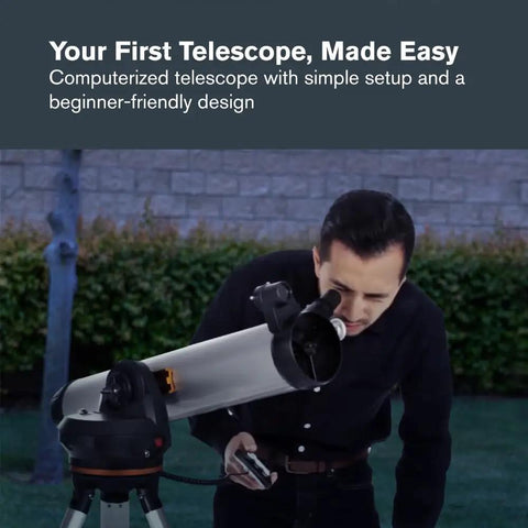 Beginner Friendly Computerized Newtonian Telescope With GoTo Mount 114mm Reflector, user looking through eyepiece outdoors