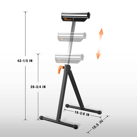 Roller Support Stand Twin Pack With 132 Lb Capacity Each, adjustable steel stand, showing height measurements for workshop use.