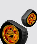 Heavy Duty Swivel Caster Wheels 3 Inch Rubber Rolling Set Roll Smooth With Quiet Brakes Built Tough To Crush Heavy Loads, black wheels with orange rims.
