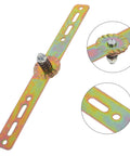 Front view of Cabilock adjustable angle hinge strap, rainbow zinc-plated metal with mounting holes and bolt