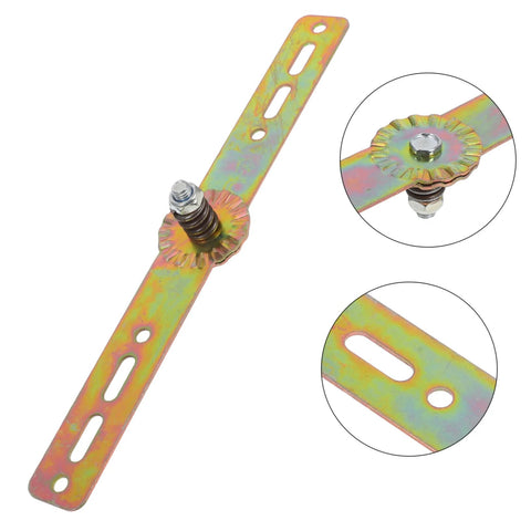 Front view of Cabilock adjustable angle hinge strap, rainbow zinc-plated metal with mounting holes and bolt