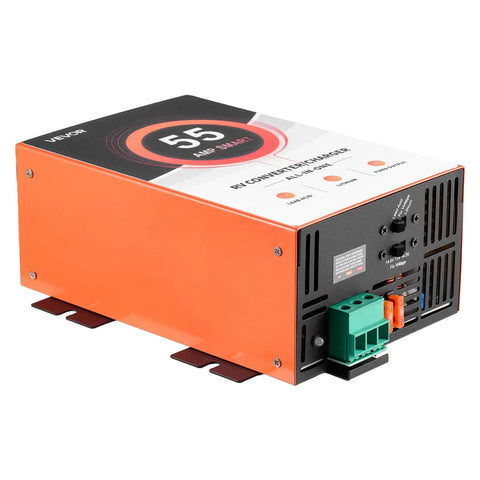 Rock Solid Rv Power Converter And Battery Charger 55 Amp 120V Ac To 12V Dc Plug And Play showing orange housing and connection ports.