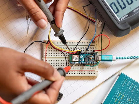 Hands testing Nano ESP32 Without Headers With USB-C Wi-Fi Bluetooth HID Support ESP32-S3 Dual Core Up To 240 MHz MicroPython on breadboard
