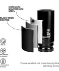 Deep 22 Millimeter 6 Point Impact Socket For One Half Inch Drive In Chromoly Steel, showing black oxide coating layers.