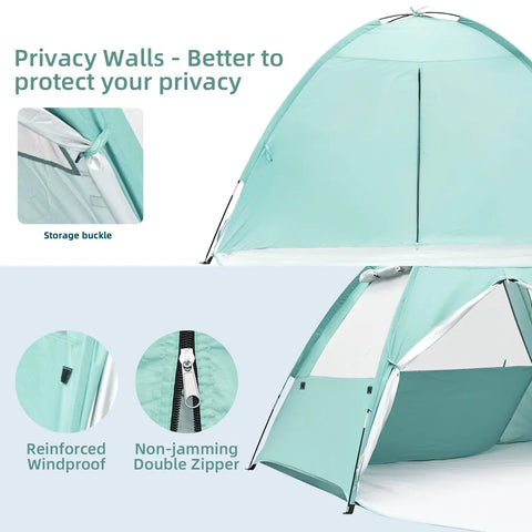 Ultra Spacious Beach Tent For 3 To 4 People With Easy Setup, UPF 50 Plus UV Protection, focusing on privacy walls and zippers