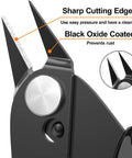 Close-up of BOENFU 5-inch small wire cutter jaws with sharp, flush-cut blades and black oxide coating