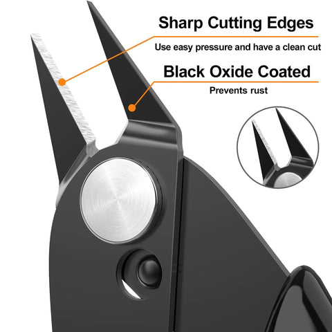 Close-up of BOENFU 5-inch small wire cutter jaws with sharp, flush-cut blades and black oxide coating