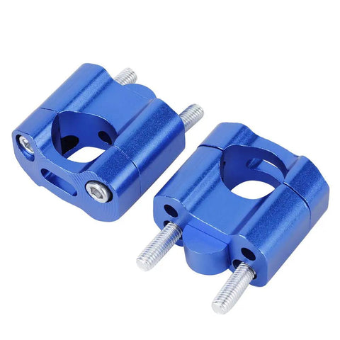 22mm And 28mm Handlebar Mount Clamps Riser Adapter CNC Aluminum Alloy Beefy Build Ultra Strong Durable Easy No Drill Installation Fits Most 22mm And 28mm Bars Blue Finish, showcasing blue aluminum clamps with screws.