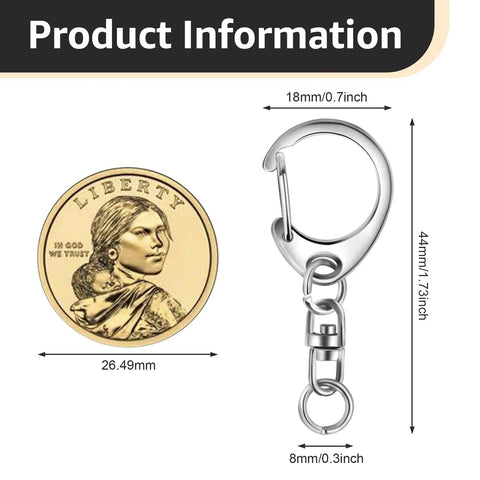 Silver lobster claw clasp keychain measuring 44mm in length beside a gold coin for scale, ideal for DIY projects.