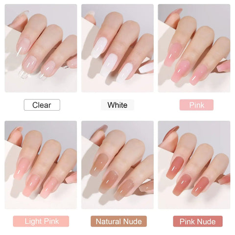 Poly Gel Nail Kit With UV Light Starter Kit For Beginners 6 Pcs Builder Gel Extension Set nail color options on model's nails