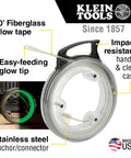 Glow In The Dark Fish Tape Kit With 20 Foot Fiberglass Tapes Five Piece Set For Quick Wire Feeds Nylon Tip Clear Housing Case Made In USA showing 20' fiberglass glow tape, clear housing, and easy-feeding glow tip.