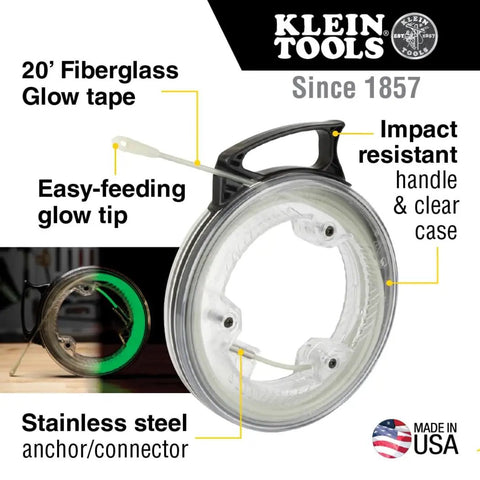 Glow In The Dark Fish Tape Kit With 20 Foot Fiberglass Tapes Five Piece Set For Quick Wire Feeds Nylon Tip Clear Housing Case Made In USA showing 20' fiberglass glow tape, clear housing, and easy-feeding glow tip.