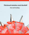 Close-up of Manual Hand Push Garden Seeder With Stainless Steel Duckbill, part of the seeder's spiked mechanism for soil penetration.