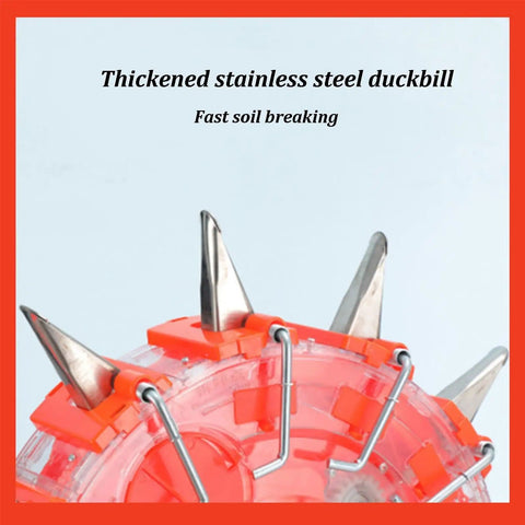 Close-up of Manual Hand Push Garden Seeder With Stainless Steel Duckbill, part of the seeder's spiked mechanism for soil penetration.