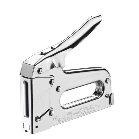 Chrome steel heavy duty staple gun for upholstery woodworking DIY and pro projects. Manual stapler for 1/4 to 9/16 inch staples.
