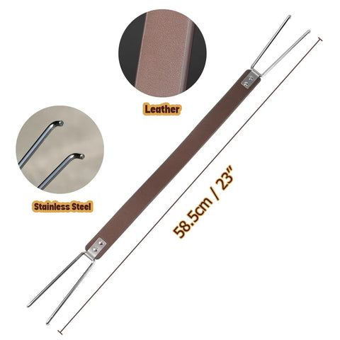 Heavy Duty Fire Pit Carrying Handle With Heat Resistant Stainless Hooks And Durable PU Strap, shown with 23-inch length and details.
