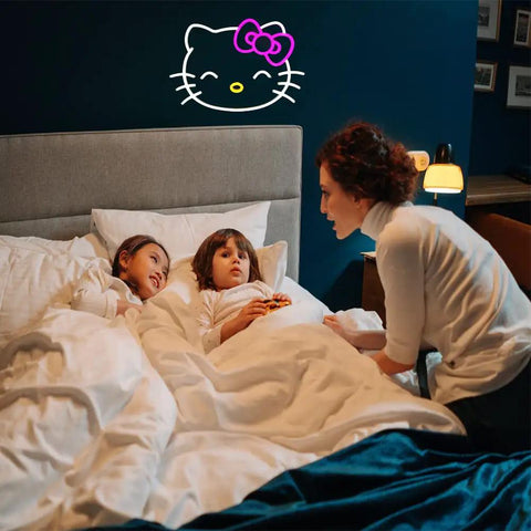 Anime Cat Neon Sign For Girls Room And Game Room above bed with children, cute neon lights, low heat PVC neon lamp, cozy night light.