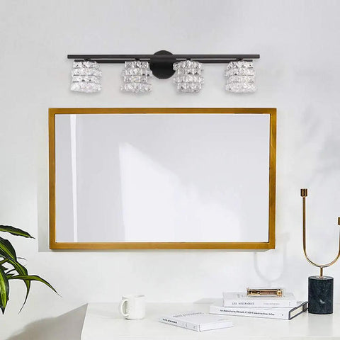 Black 4 Light Vanity Light Fixture With Crystal Shade Modern Wall Sconce For Bathroom Mirror IP44 Waterproof G9 Bulbs Compatible