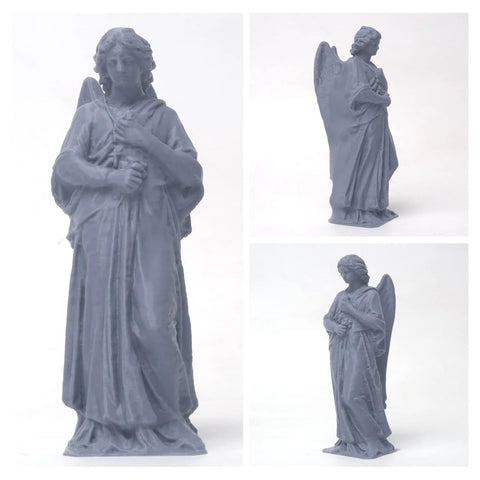 Grey angel statue figurine with wings, standing on base; shown from front and side views.