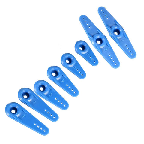 Blue 23T Servo Arms For JR RC Cars And Micro Servos, 3mm Hole, Single And Double Arm Set, displayed in various sizes on white background
