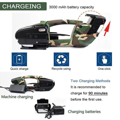Heavy Duty Electric Automatic Strapping Machine charging with 3000 mAh battery and power cord for fast operation.