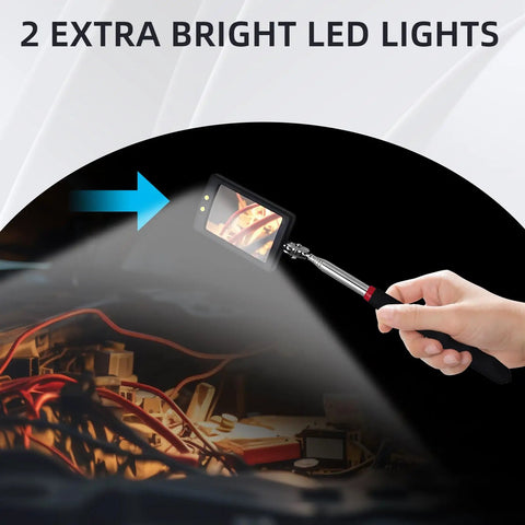 Two Pack Telescoping Lighted Inspection Mirror With 34.5 Inch Extendable Handle 360 Degree Rotating Mirror illuminating cables
