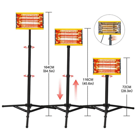 Pro Grade Infrared Paint Curing Lamp 2000W Shortwave Heat Lamp, adjustable height tripod with measurements in image