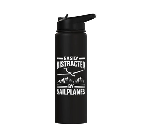 Soaring Sailplane Pilot Water Bottle with 'Easily Distracted by Sailplanes' graphic, ideal for glider enthusiasts, stainless steel.