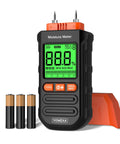 Pin Type Wood Moisture Meter For Firewood And Lumber With Drywall And Building Materials Readings, Direct Contact Pins, 0.0 To 58.0 Percent Range, Two Percent Accuracy, Seven Material Modes For Fast DIY And Pro Timber Checks, front view with batteries